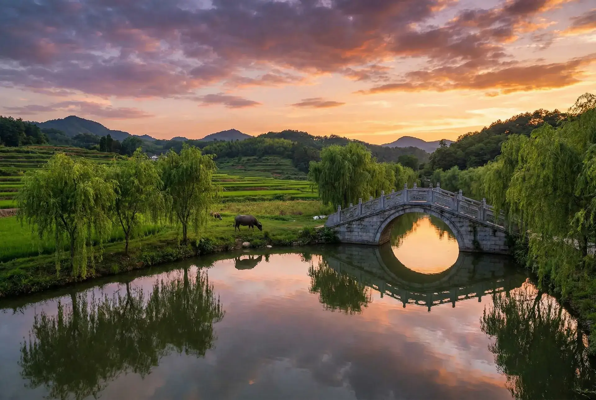 夕阳下的石拱桥与垂柳，水牛在河边吃草 - 老师忽然渐渐放慢了进度软件 乡村美景