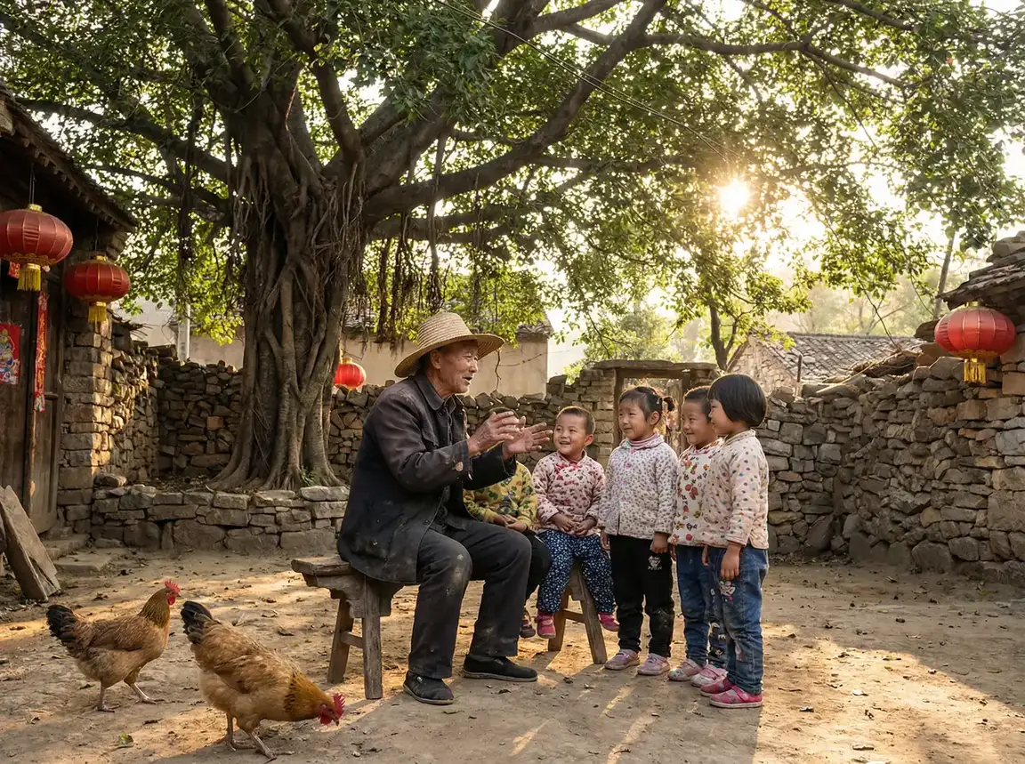 老人在大榕树下给孩子们讲故事 - 老师忽然渐渐放慢了进度软件 乡村记忆